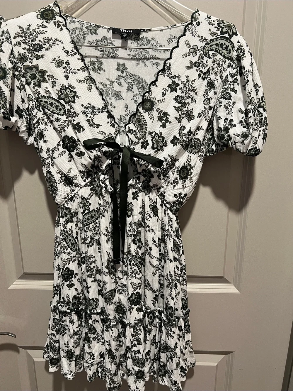 Trixxi White Dress with Olive Floral Print and Velvet Tie |Cottagecore - Picture 4 of 10